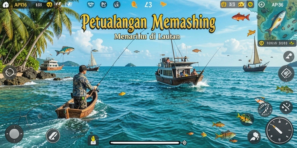 Screenshot gameplay API36 menampilkan aksi memancing yang seru di lautan.