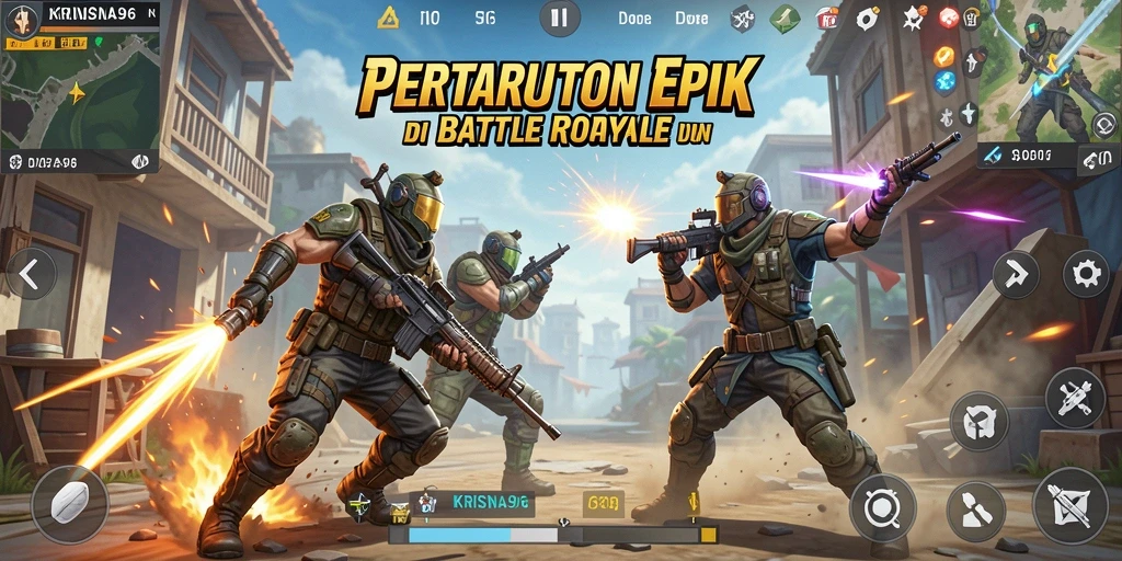 Tampilkan aksi seru dari gameplay KRISNA96 dalam pertempuran Battle Royale.
