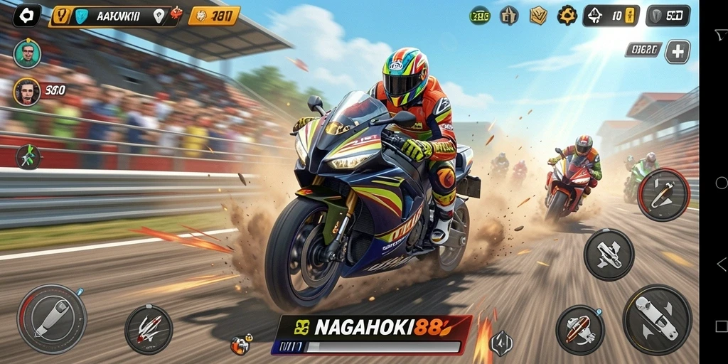 Screenshot NAGAHOKI88 menampilkan aksi seru balapan motor di lintasan.