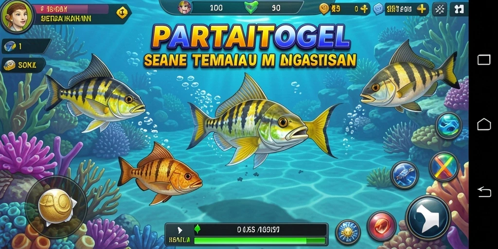 Screenshot menunjukkan gameplay seru di PARTAITOGEL dengan banyak ikan untuk ditangkap.